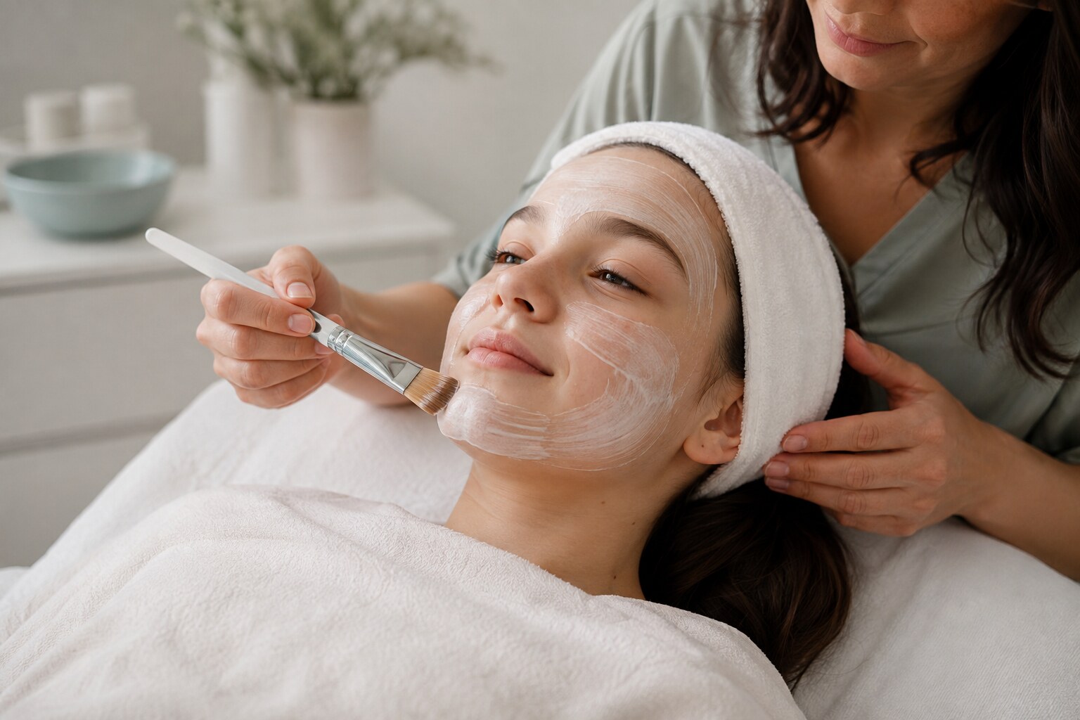 A tween girl receiving a gentle youth facial treatment